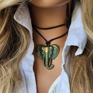 Anthropologie Jewelry "Antique Gold" Green Patina Elephant Black Leather